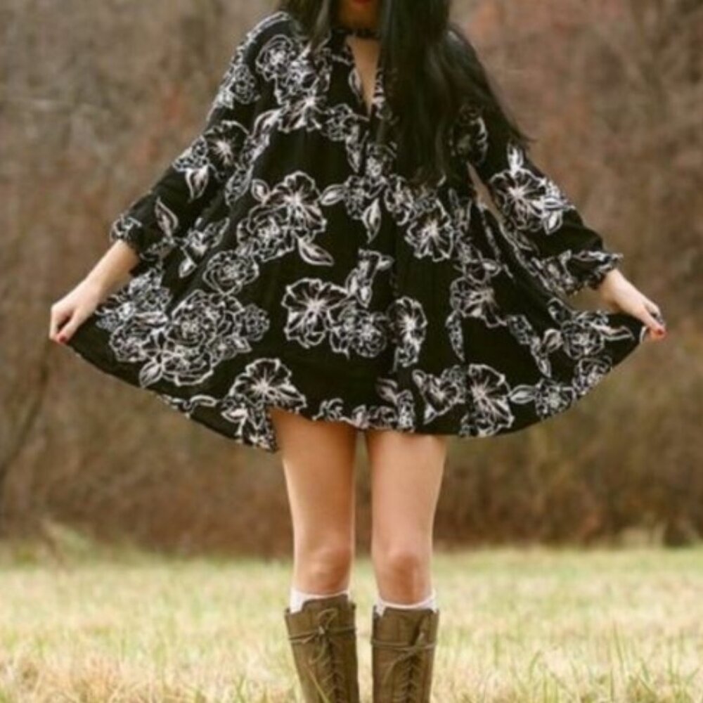 Free People Black Floral Print Swing Tunic Mini Dress XS